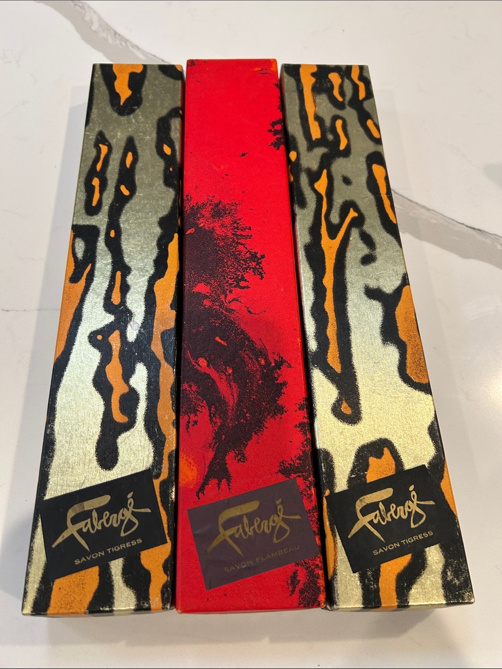 2 Faberge Savon Tigress and 1 Faberge Flambeau Empty boxes